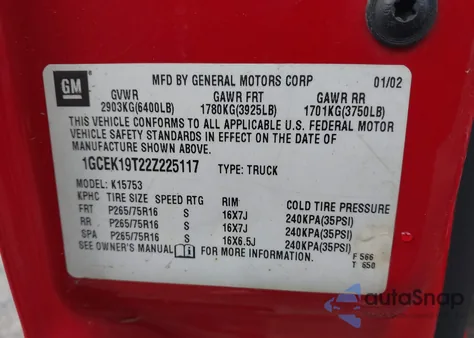 2002 Chevrolet Silverado 1500 Lt from USA, damaged, VIN 1GCEK19T22Z225117